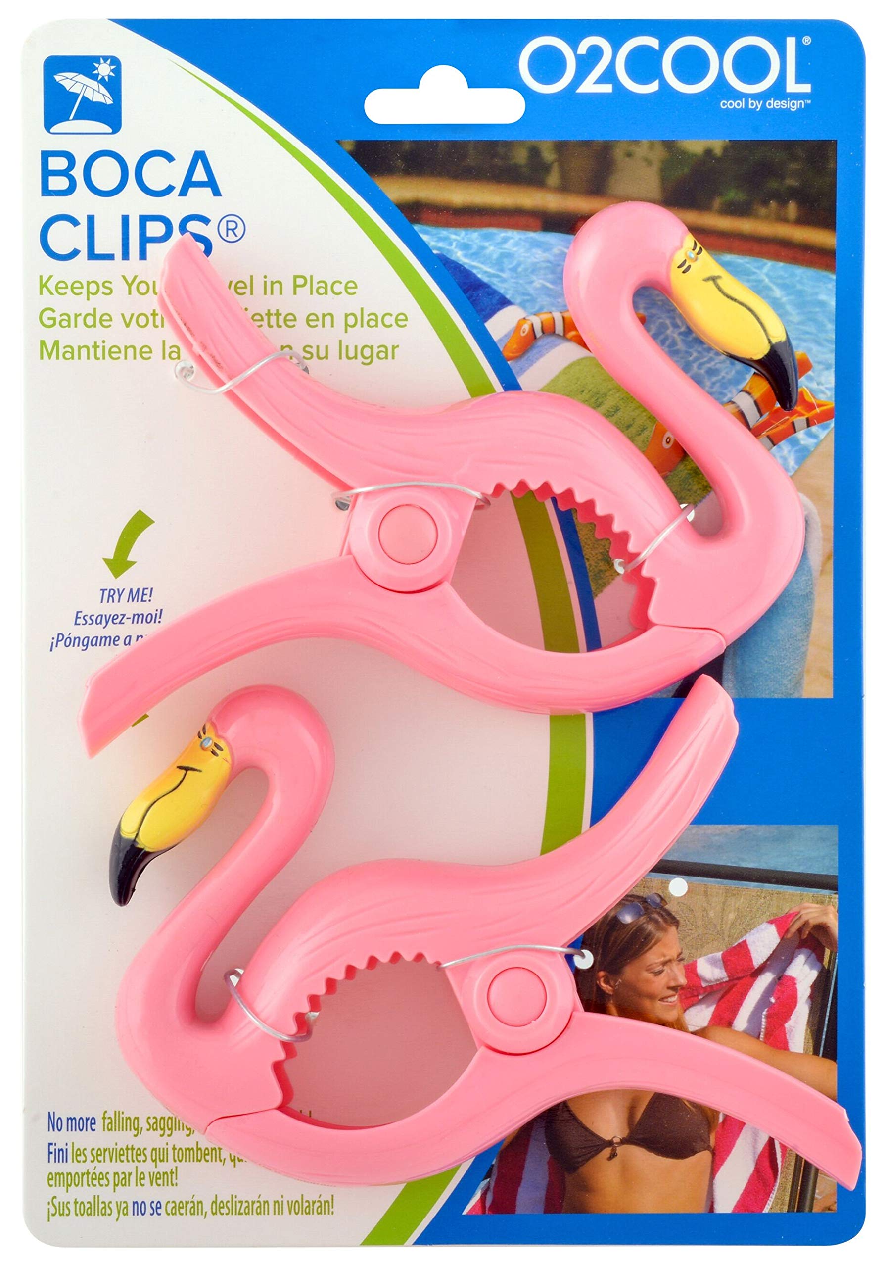O2Cool Bocaclips - Beach Towel Clips For Beach Chairs, Patio And Pool Accessories - (Flamingo) 2 Count